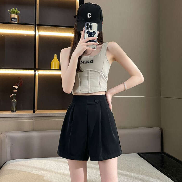 Brown Suit Shorts For Women, Summer Thin High-Waisted Slimming Loose Wide-Leg Pants, Versatile Petite Cool Casual Pants B5