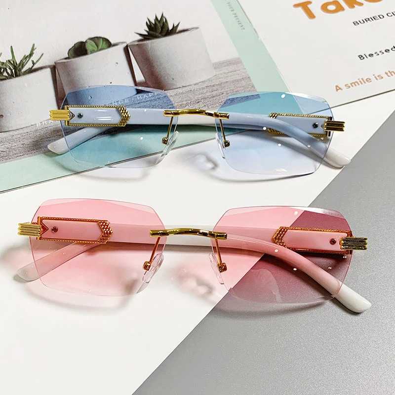 HBK Retro Rimless Square Sunglasses For Men Clear Ocean Gradient Polygon Frameless Eyewear Men Special Textures Women Sunglasses Y250711