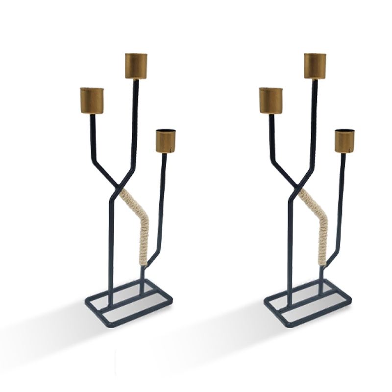 Contemporary Handcrafted Wrought Iron & Hemp Rope Slim Candle Holders