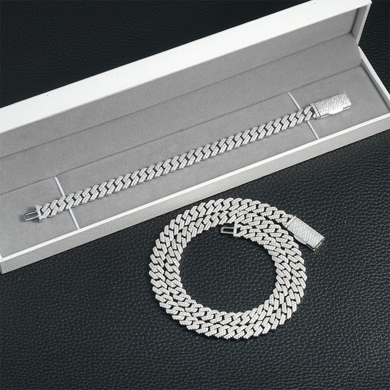 S Sier Dia-Shaped Cuban Chain Necklace 8mm Double Row Full Inlaid Moissanite Trendy Brand Accessory