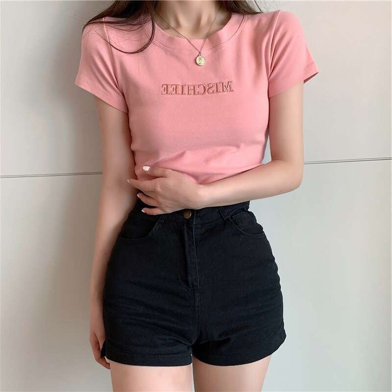 Summer New Korean Style Letter Embroidery Slim Fit Short Sleeve T-Shirt For Female Students Trendy Women's Clothing B5 2k