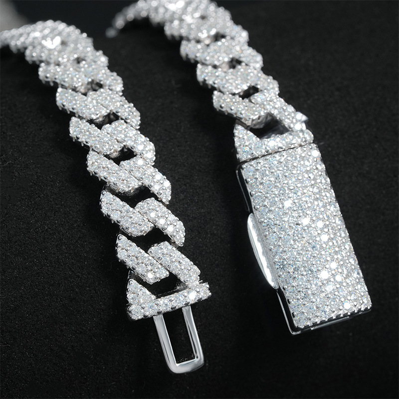 S Sier Dia-Shaped Cuban Chain Necklace 8mm Double Row Full Inlaid Moissanite Trendy Brand Accessory