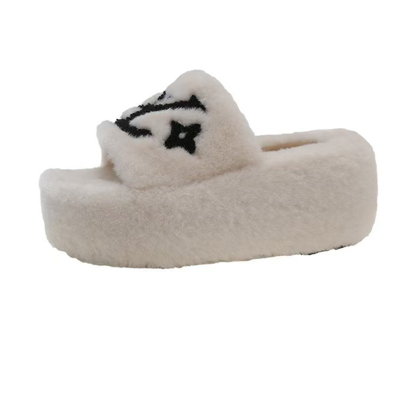 Designer plush cotton slippers, flip flops, fashionable anti slip women's slippers, women's plush indoor warm shoes Thick soled plush sandal