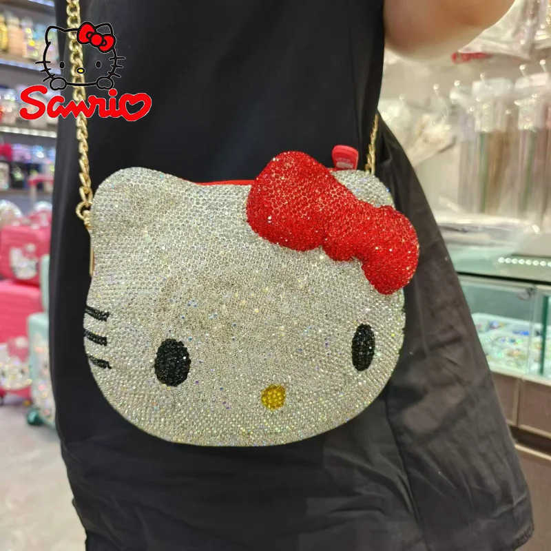 Sanrio Hello Kitty Anime Cartoon Shape Rhinestone Cartoon Full Of Diamonds Dinner Bag Handmade Diamond-set Ladys Clutch Christmas Gift w250711