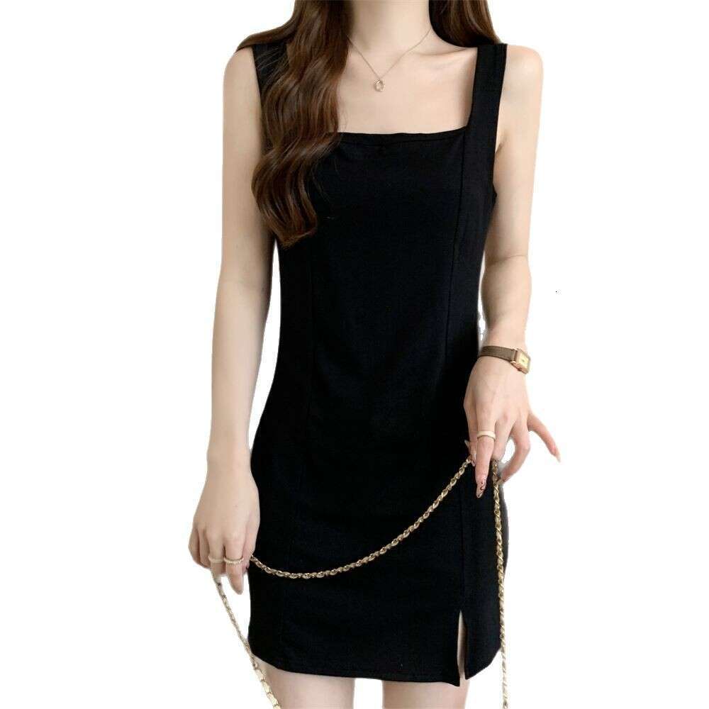 Strap Spring New High-End French Style Elegant Slim Fit Split A-Line Little Black Dress B5