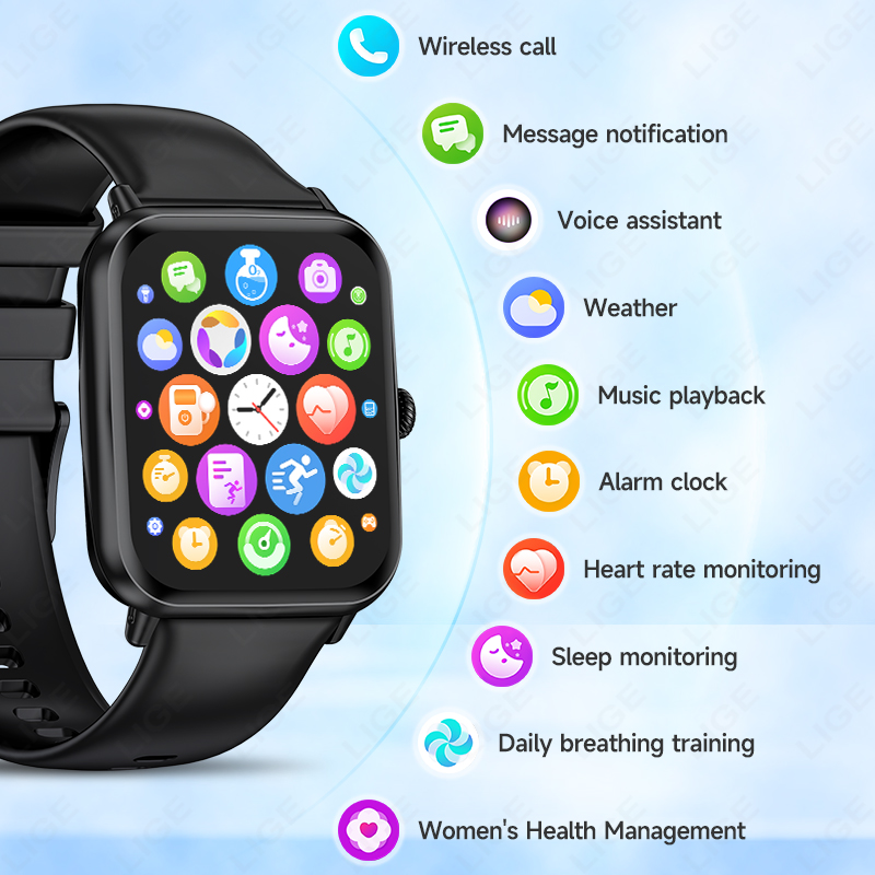 LIGE smartwatch features wireless call, music control, heart rate and blood pressure monitoring, health monitoring, multiple sports modes, and is IP67