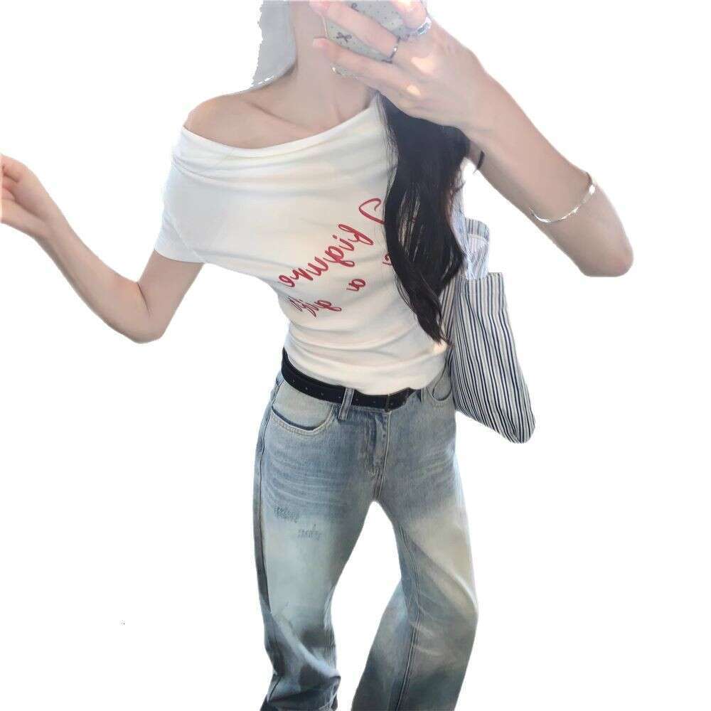 Off-Shoulder Sleeve Slim Fit T-Shirt For Women Summer Letter Print Slimming Hot Girl Versatile Short Top B5