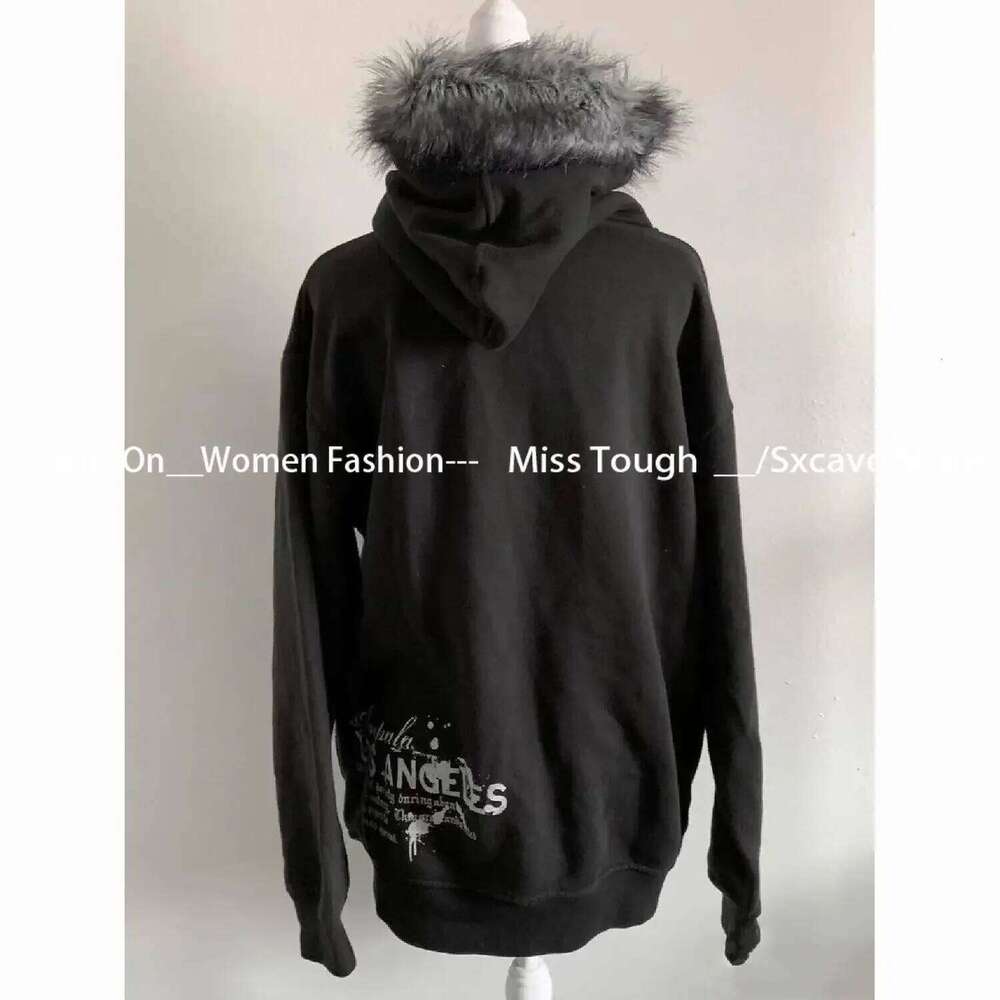 hoodie American Vintage Black Faux Fur Sweatshirts Women Letter Printed Subculture Coats with Hooded Female Gothic Haruku Jackets Y2k jacket