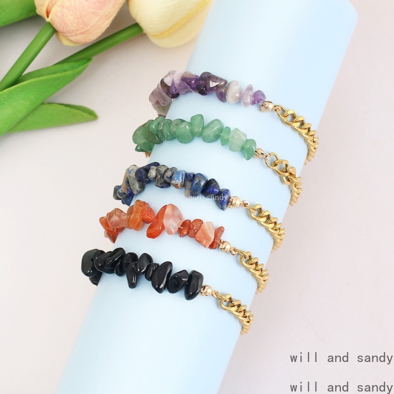 Natural Stone Chippings Bracelet Charm Stainless Steel Two Tone Gold Cuban Link Chain Bracelets Wristband Cuff for Woman Designer Jewelry
