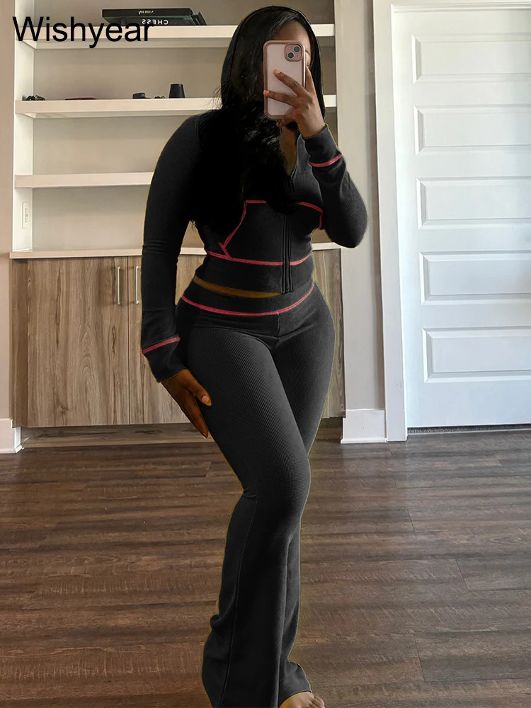 Fashion Yellow Long Sleeve Hooded Crop Jacket Top and Jogger Flare Pants Two 2 Piece Set Women Sweatsuit Tracksuit Matching Suit 250709