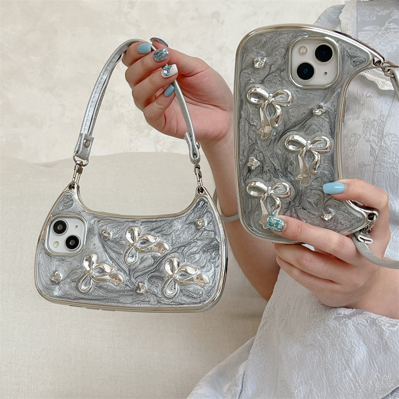 Epoxy Plated Bowknot Lanyard Handbag Compatible with iPhone 15 Pro Max Apple 141312 Phone Case for Women 250711