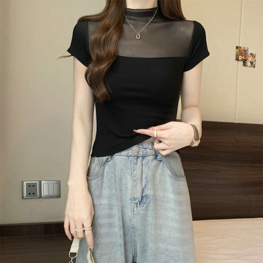 Women's T-Shirt With Unique Design, Summer Half High Neck Slim Fit Mesh Patchwork Base Layer, Sweet And Spicy Sexy Short Sleeve Top B5