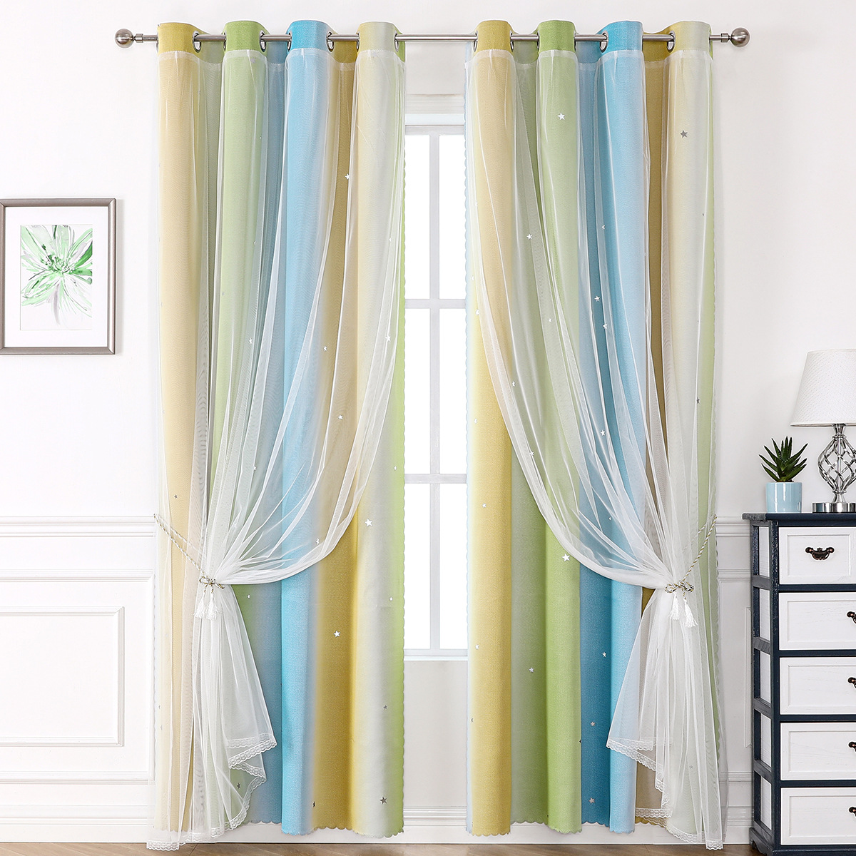 YL-36540 Morandi double curtain rainbow gradient stripe finished cloth yarn integrated blackout curtain