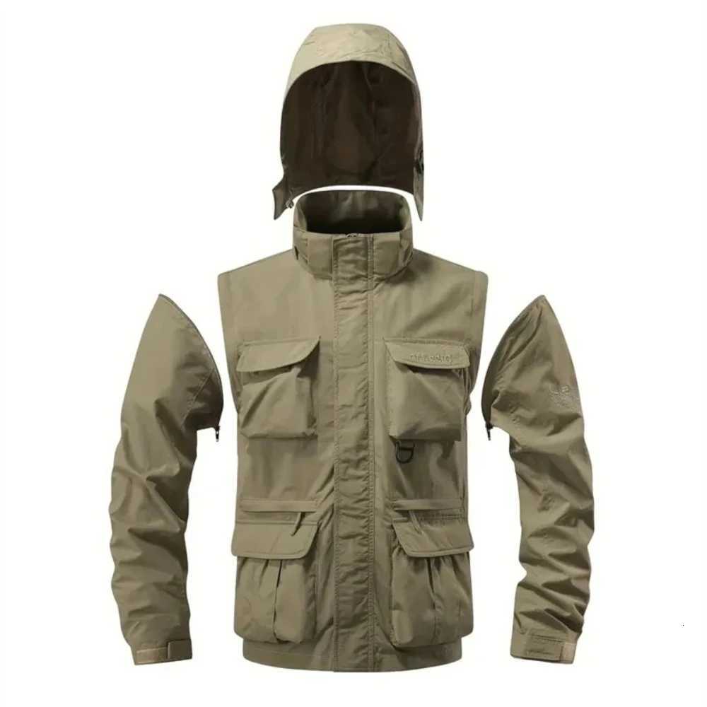 Detachable Windproof Sleeved Hooded Jacket Suitable for Outdoor Activities Mens Casual Waterproof Multi Pocket Jacket Vest W250711