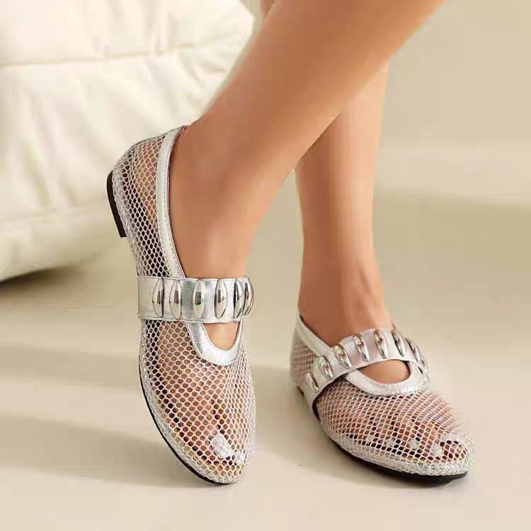 Free shipping designer shoes New European and American Fashionable Large Size Metal Buckle Round Toe Mesh Mary Jane Shoes Women Flat Fishnet Ballet Sh