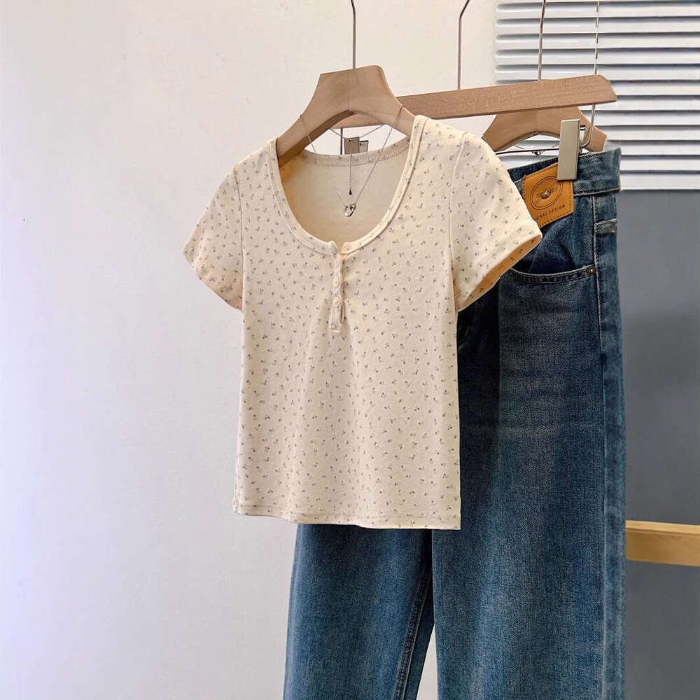 French Fresh U-Neck Floral Off-Shoulder Sleeve T-Shirt For Women Summer BM Style Short Slim Fit Sweet Spicy Girl Top B5