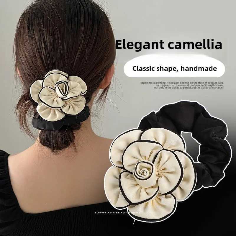 Fashion Camellia Flower Headband Hair Accessories for Women Retro Elegant Fabric Ponytail High Stretch Hair Ties Girls Headwear Y250711