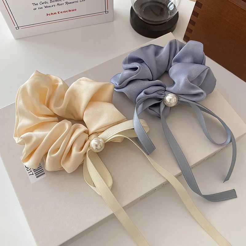Fashion Ribbon Bow Pearl Hair Scrunchies Simple Solid Headbands Elegant Hair Ties Women Ponytail Rope Bands Hair Accessories Y250711