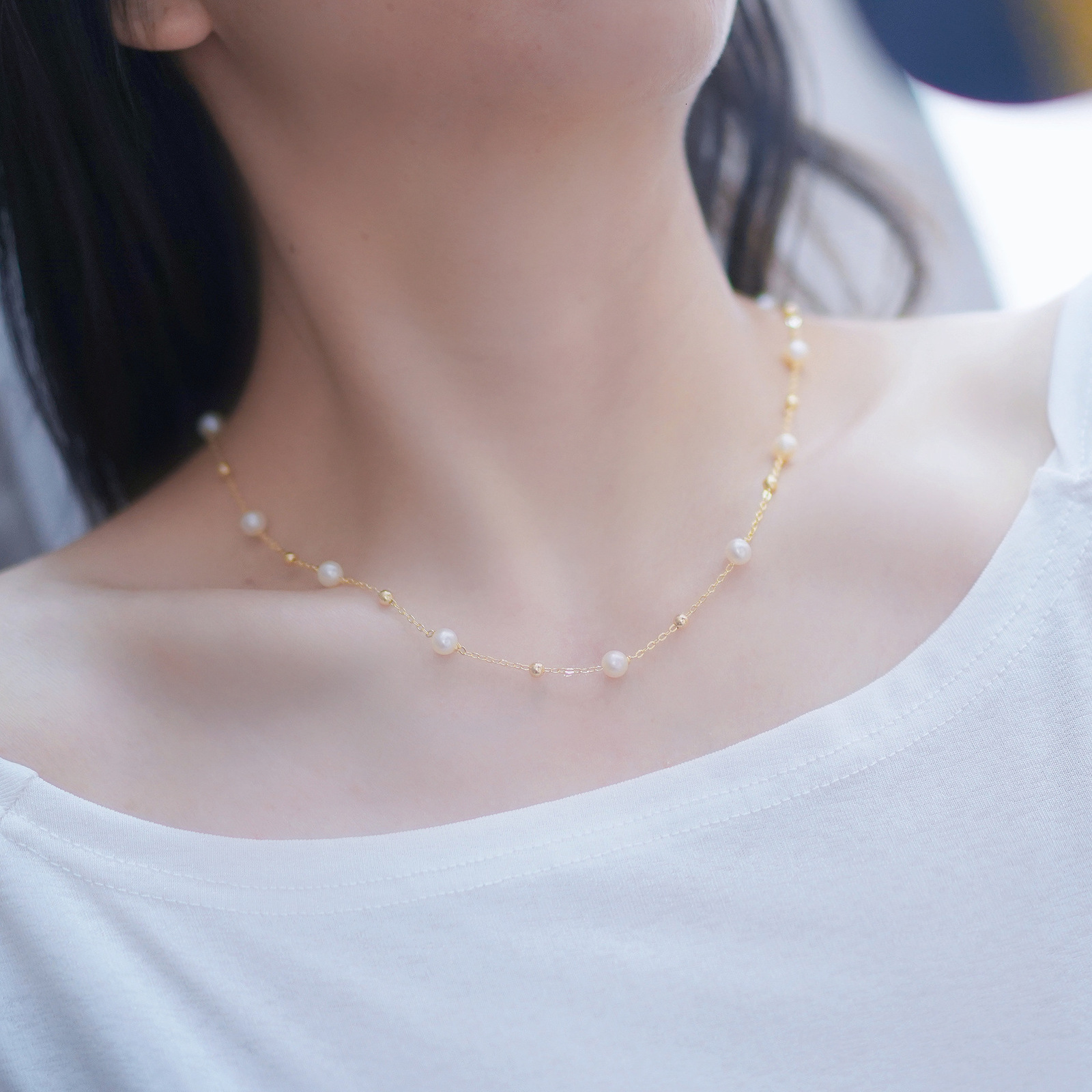 Freshwater Pearl 5.5-6mm Near Perfect Round Almost Strong Luster Starry Sky Necklace Collarbone Chain Adjustable 14k230831