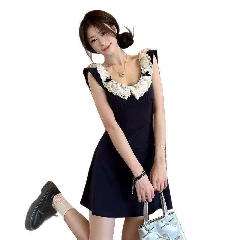 French Style Flutter Sleeve Blue For Women Spring New Small Petite Waist-Cinching A-Line Hot Girl Bodycon Dress B5