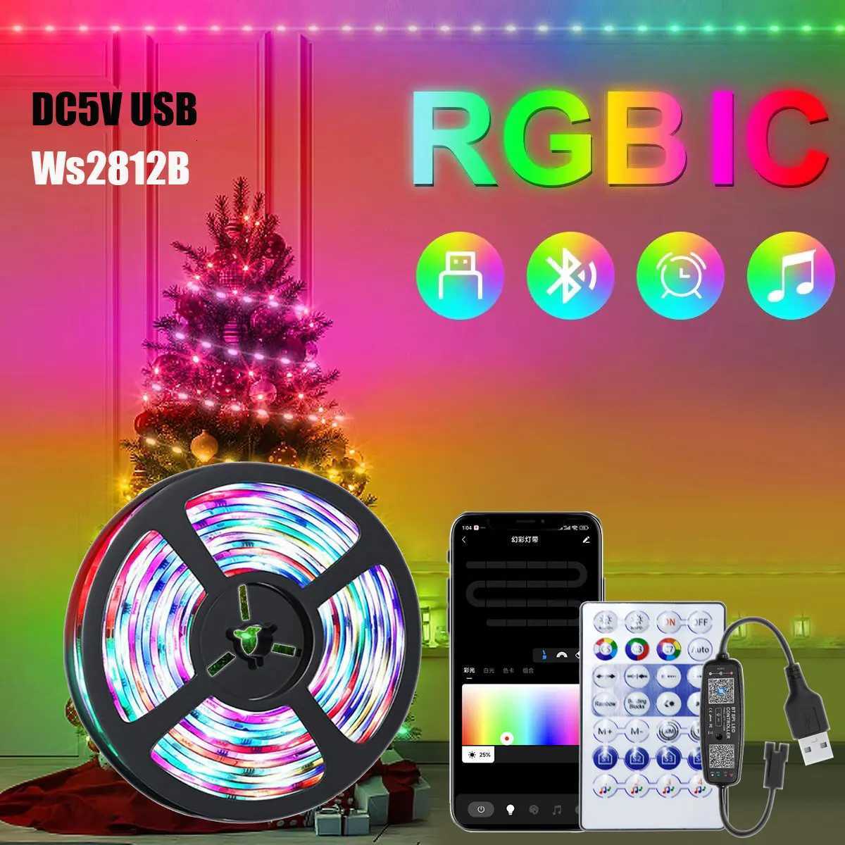 2812B LED RGBIC Strip USB 5V Individually Addressable Smart LED Lights for Bedroom Bluetooth Music Controller Kit LED Ribbon XJ250710