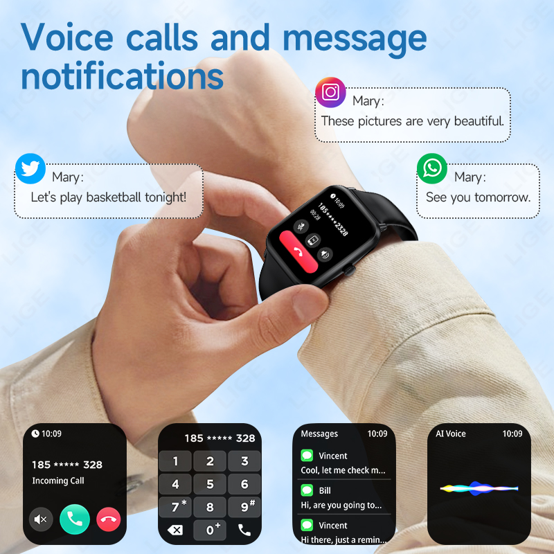 LIGE smartwatch features wireless call, music control, heart rate and blood pressure monitoring, health monitoring, multiple sports modes, and is IP67