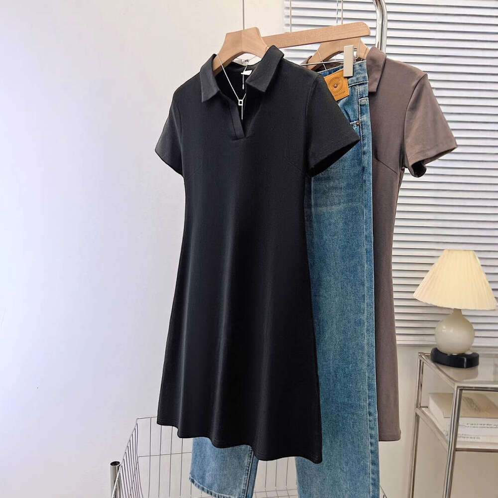 Sweet Spicy Girl Pure Desire Style Short Sleeve For Women Summer Korean Version Versatile Slim Fit Half Open Polo Collar Mid-Length Dress B5