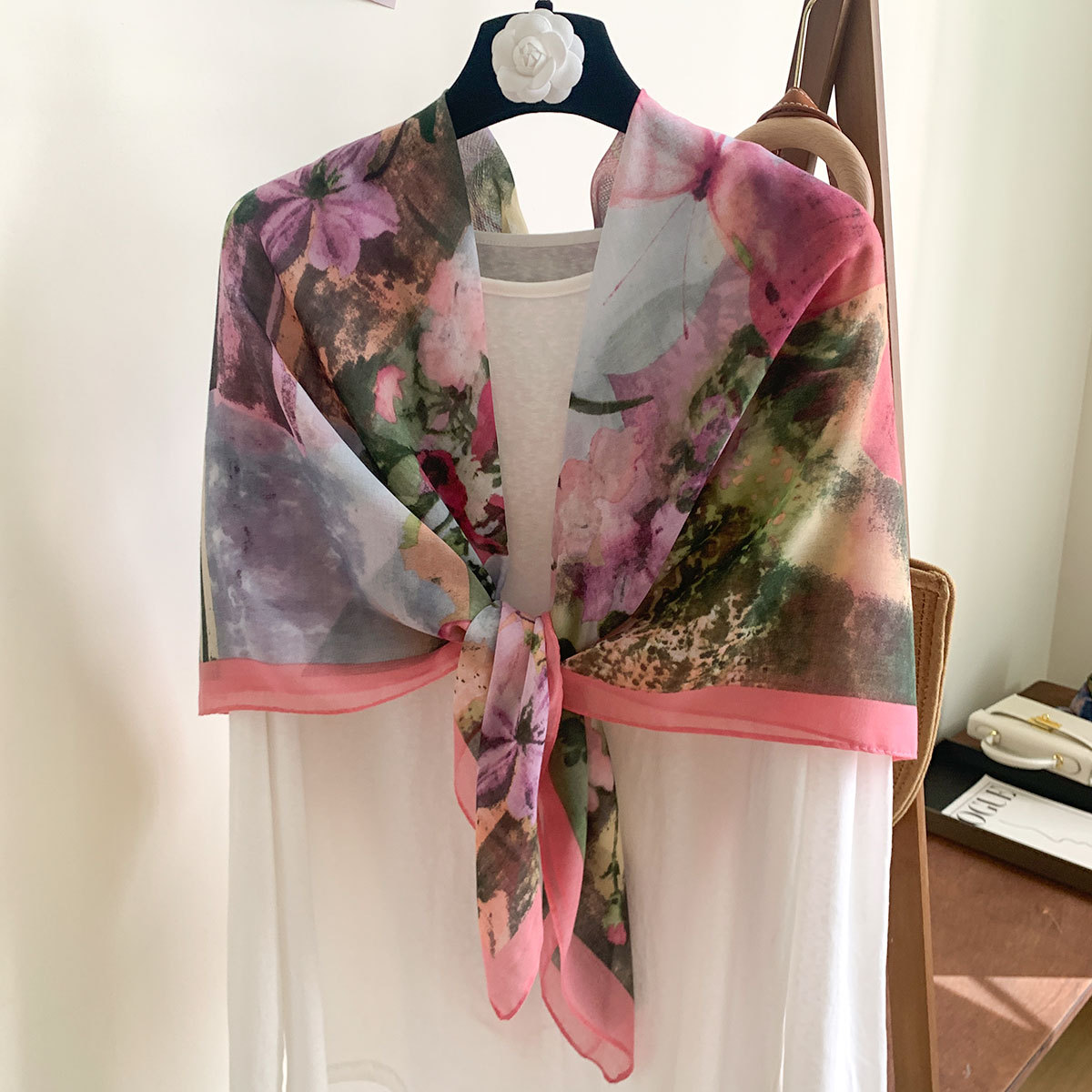 K1310 Silk scarf women's new pink flower print imitation silk cotton sunscreen shawl women's thin versatile fashion large square scarf