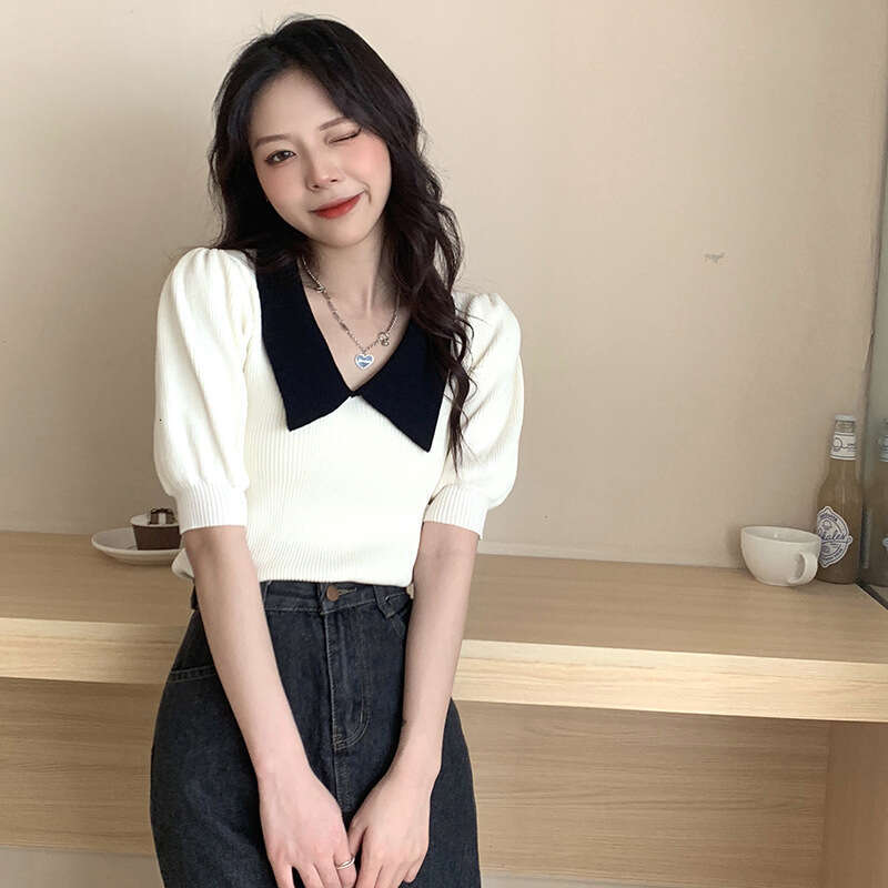 French Style Niche Doll Collar Short Sleeve Knitted Top For Women, Summer Thin Design With Puff Sleeves, Slimming And High-End Feel Blouse B5