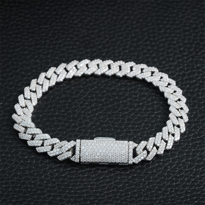 S Sier Dia-Shaped Cuban Chain Necklace 8mm Double Row Full Inlaid Moissanite Trendy Brand Accessory
