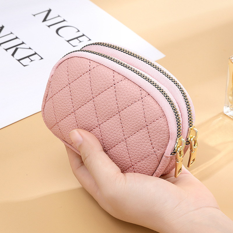 New Handheld Mini Womens Wallet Diamond Stitching Double Zipper Coin Purse PU Leather