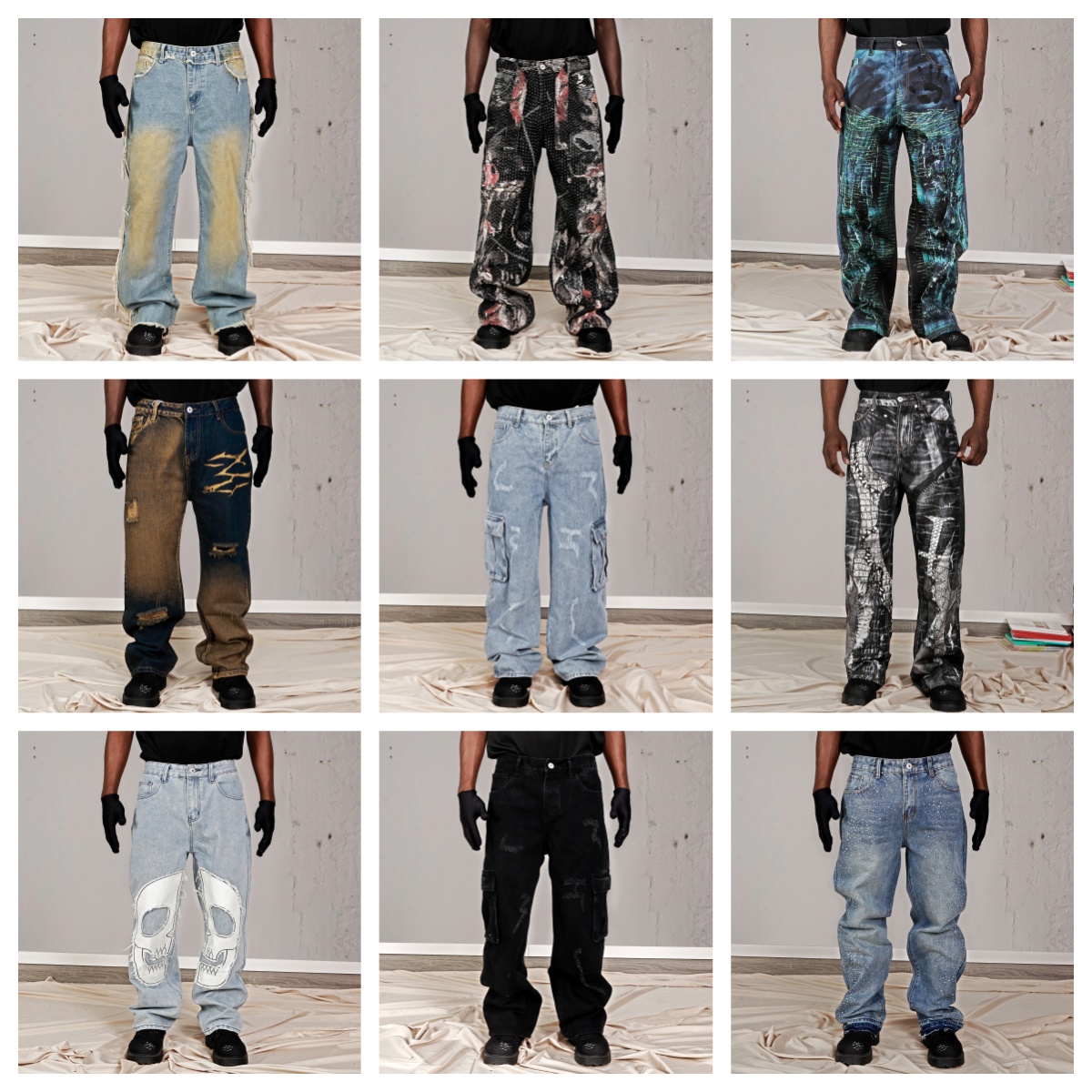Retro Y2K Streetwear Men's Jeans Flame Skull Pattern Design Gothic Hip-Hop High Street Casual Fashionable Wide Leg pants