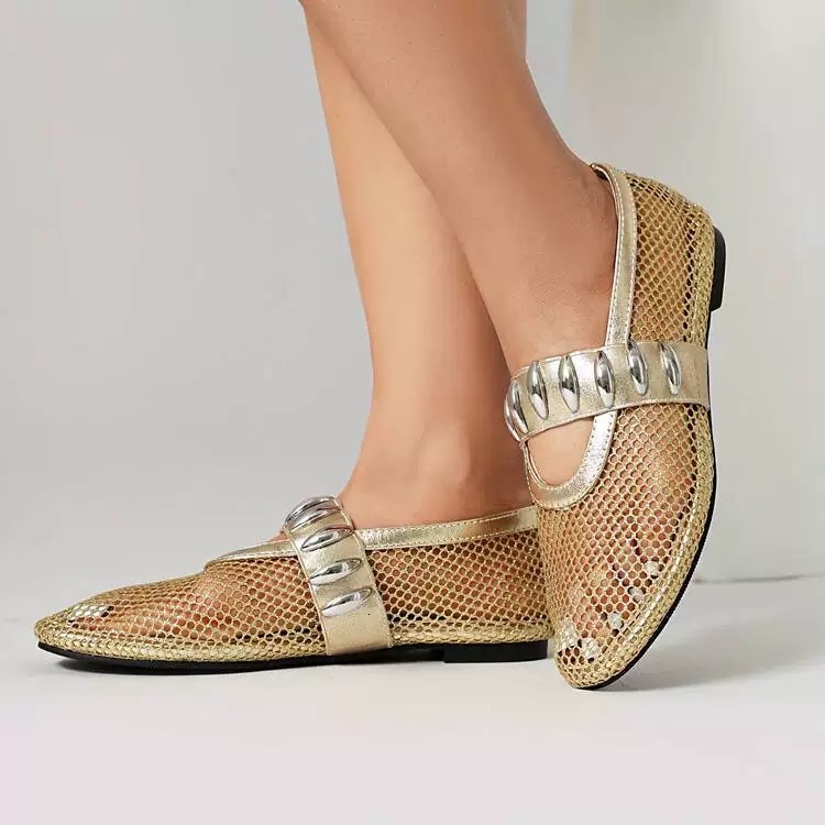 Free shipping designer shoes New European and American Fashionable Large Size Metal Buckle Round Toe Mesh Mary Jane Shoes Women Flat Fishnet Ballet Sh