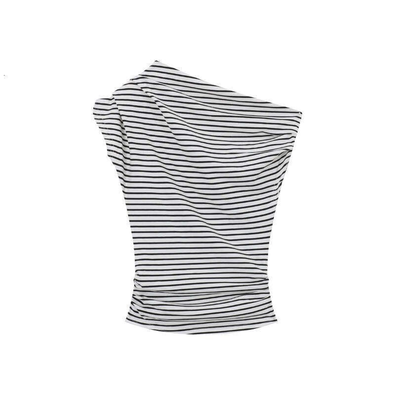 Design Sense Asymmetric Shoulder Short Sleeve T-Shirt For Women Summer New Style Slim Fit Off-Shoulder Striped Student Top B5
