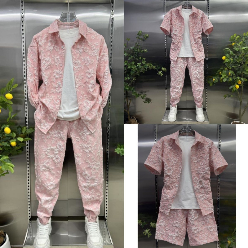 New Summer Floral Print Shirt Set for Men, Collared Lightweight Short Sleeve Two Piece Outfit with Embossed Shorts, Casual Wear