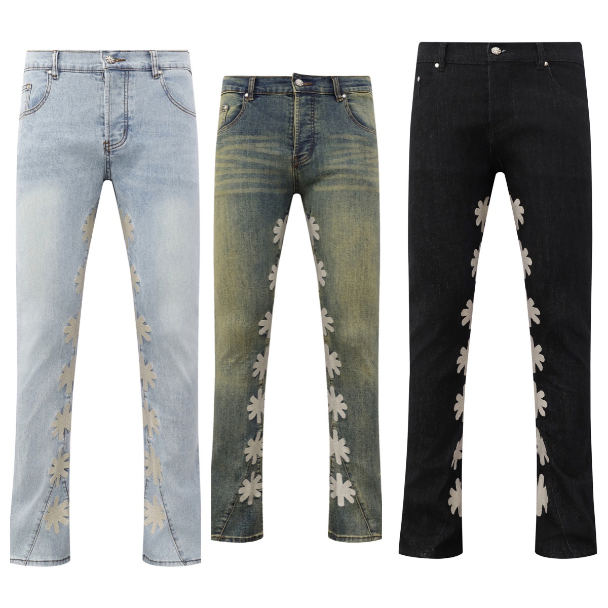 Men's Jeans Streetwear Inner Side Floral Embroidery Black Blue LOSTSHDWS Jeans for Men Straight Loose Pockets Denim Pants Oversized Ropa Hombre