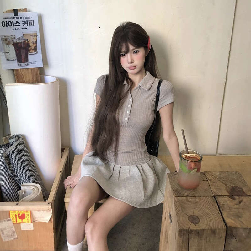 Gray Polo Collar Sleeve Women, Summer Slim Fit Waist Short For Petite Hot Girls, Slimming A-Line Dress B5