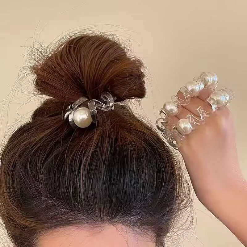 Phone Cord Hair Tie Ring Scrunchies Pearl Beads Clear Telephone Wire Elastic Hair Bands Ponytail Holder Women Hair Accessories Y250711
