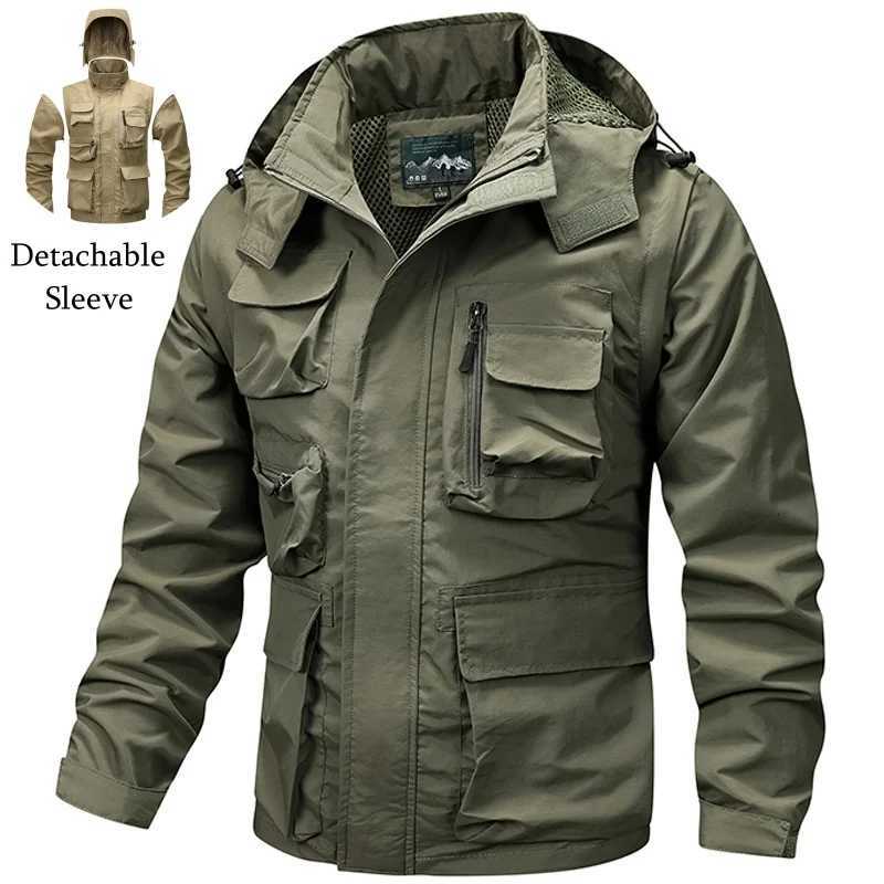 Detachable Sleeve Work Jacket Men Spring Autumn Casual Multi Pocket Hood Windbreaker Coat Outdoor Hiking Jacket Climbing Clothes W250711