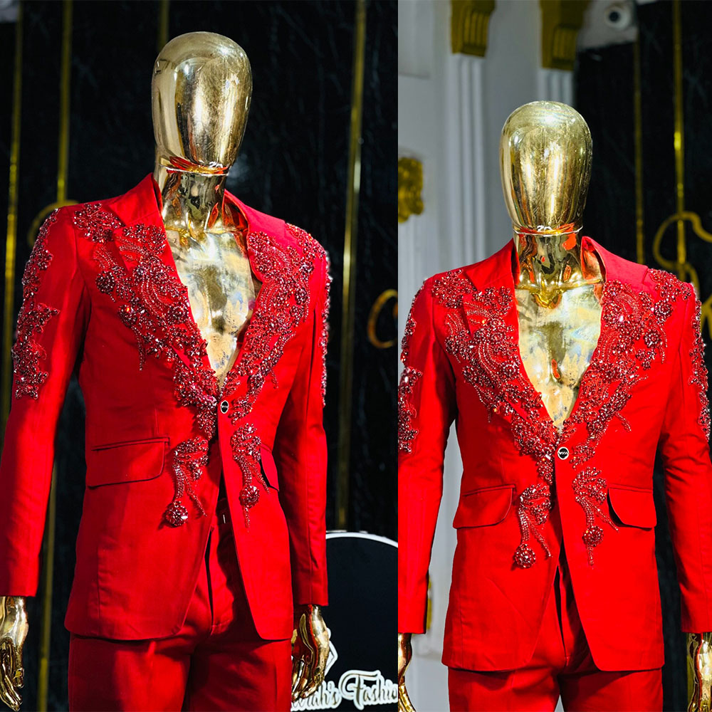 Elegant Men Suits 2 Pieces Appliques Crystal Notched Lapel Jacket Tailor-Made Blazer One Button Groom Evening Prom Party Customized Coat Pants Plus Si