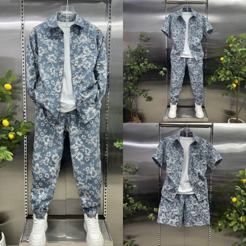 New Summer Floral Print Shirt Set for Men, Collared Lightweight Short Sleeve Two Piece Outfit with Embossed Shorts, Casual Wear