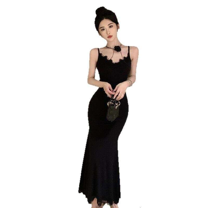 Sexy Black Strap For Women New Summer Goddess Style Elegant Waist-Cinching V-Neck Lace Long Dress B5