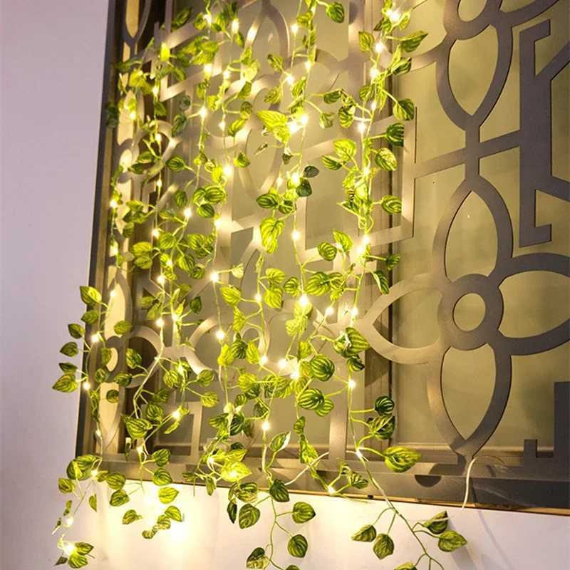 Silk Fake Green Leaf Ivy Vine with LED Lights String for Home Bedroom Decor Wedding Glowing Artificial Plant Garland Decor XJ250710