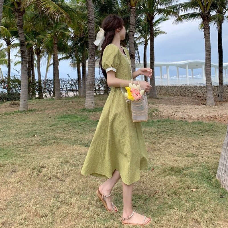 Summer New French Square Neck Puff Short Sleeve Shirt Women High Waist Mid-Length A-Line Skirt Gentle Style Set B5