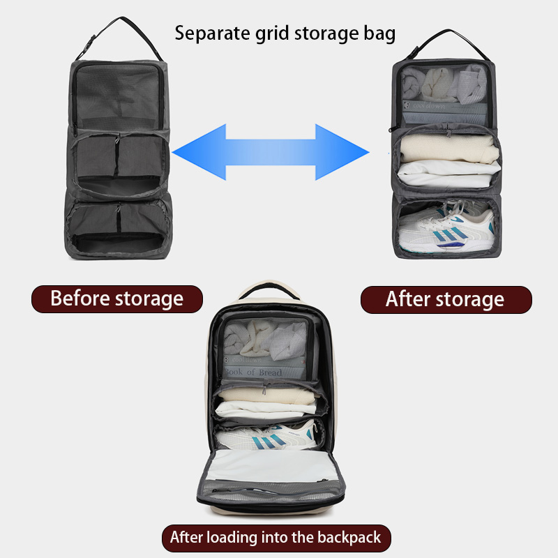 Multi-functional backpack with detachable storage compartments. Practical backpack for travel and commuting.