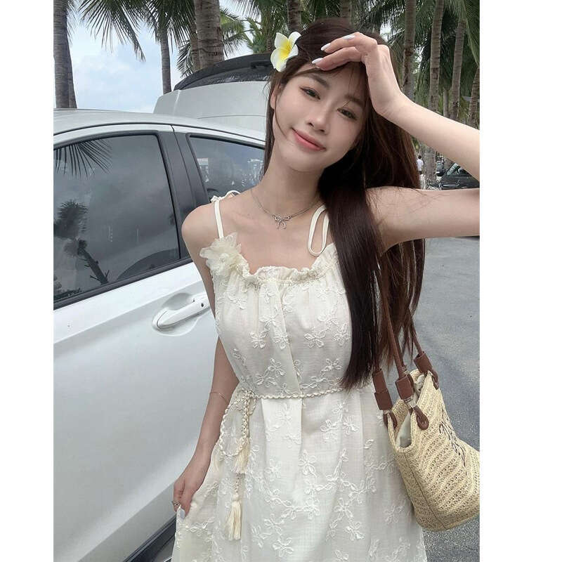 French Gentle Style Jacquard Strap Fairy Summer New High-End Slimming Edge Vacation Beach Dress B5