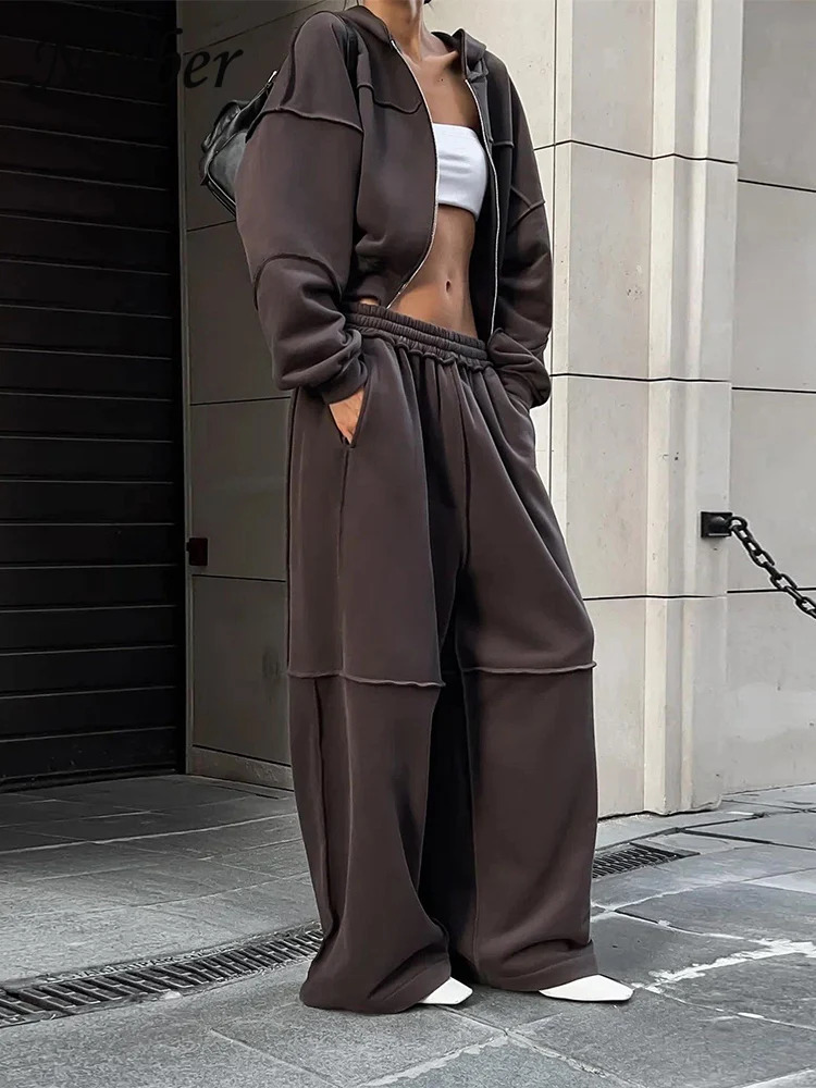 Nibber Casual Tracksuit Women 2 Piece Set Panelled Stripes Sporty Simple Hipster Hooded Zip JacketWide Pants Matching Suits 250709