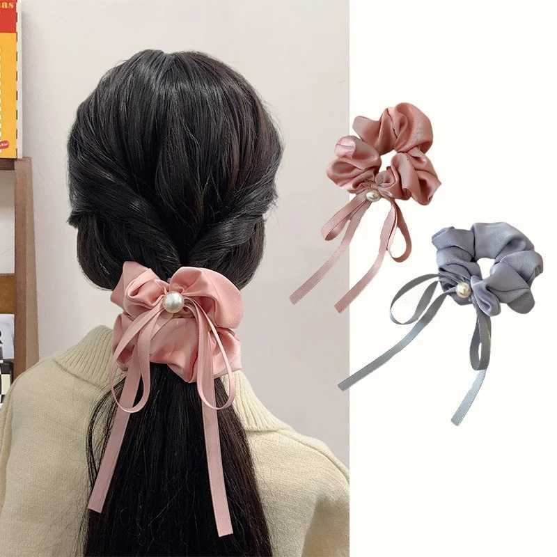 Fashion Ribbon Bow Pearl Hair Scrunchies Simple Solid Headbands Elegant Hair Ties Women Ponytail Rope Bands Hair Accessories Y250711