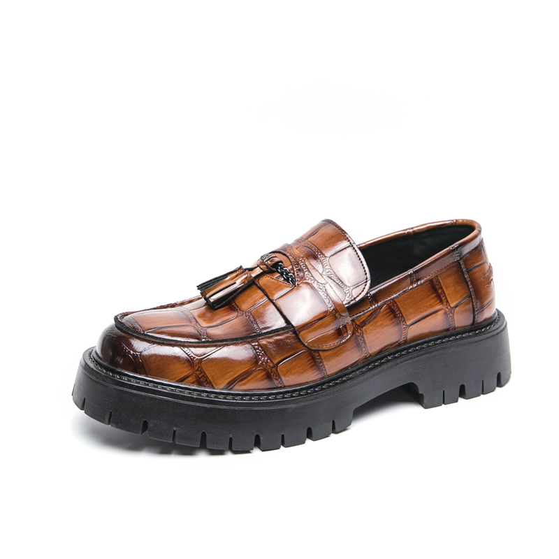 6321- New tassel thick soled high rise leather shoes British fashion business formal shoes hairstylist men's shoes big head round head casual lea