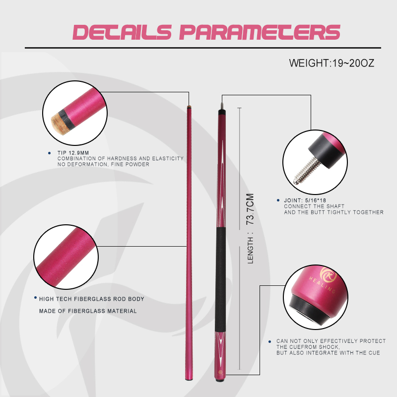 OKHEALING 1/2 Split Pool Cue Billiard Stick Red Glass Fiber Billiard Cue 12.9mm Black Pigskin Tip 5/16*18 Joint Length 1474mm/58inch Weight Adjust 19-